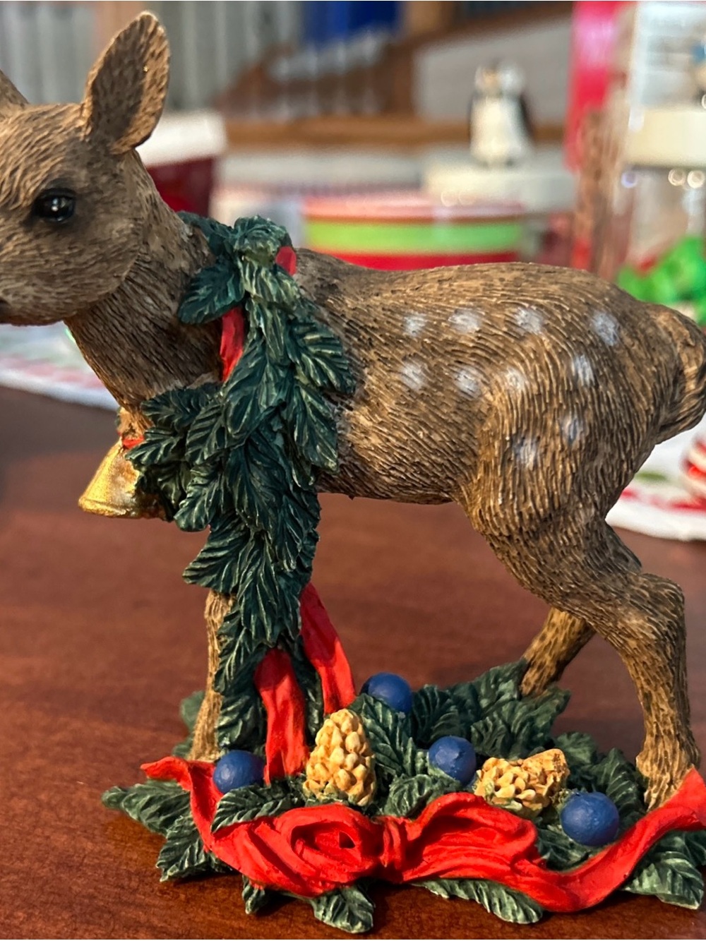 Brown Holiday Deer Figurine with Green Garland and Red Accents